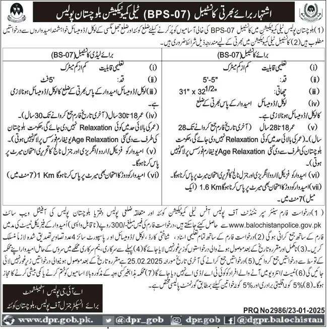 Balochistan Police Jobs 2025 Advertisement