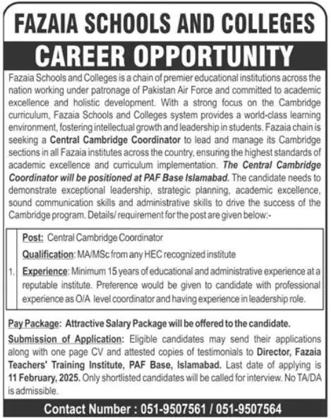 Fazaia Schools And Colleges Islamabad Jobs 2025 Advertisement