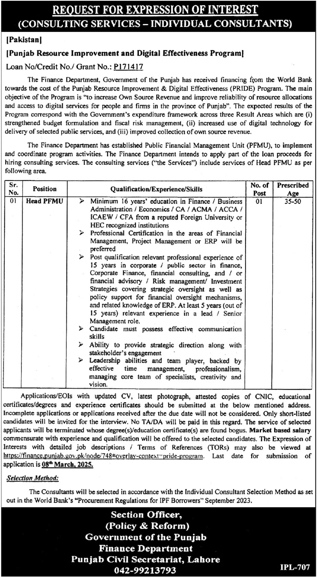 Finance Department Punjab Jobs 2025 Advertisement
