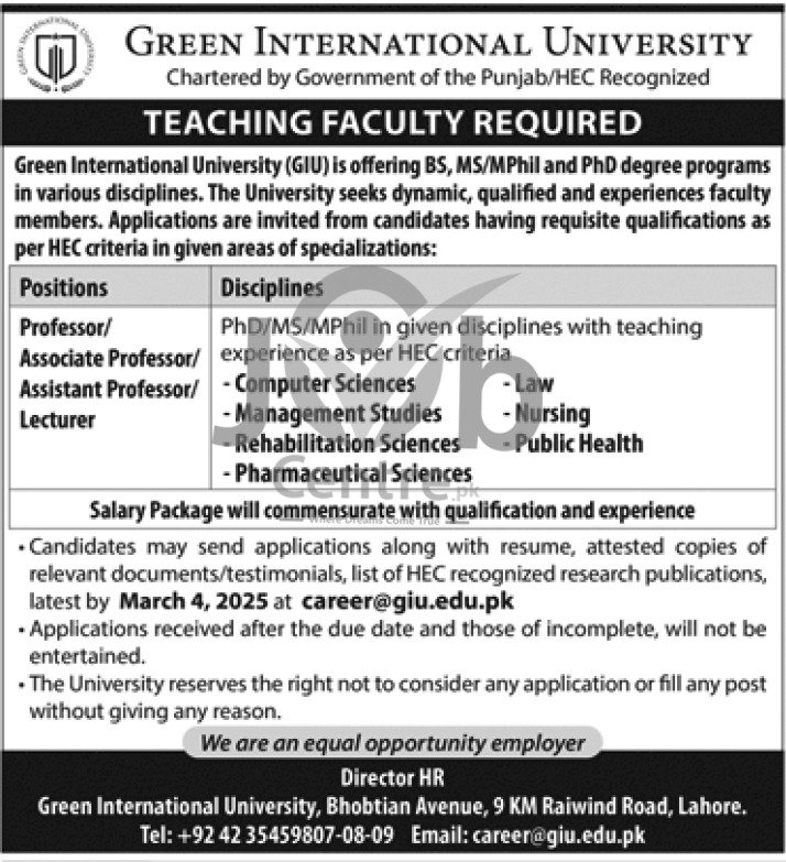 Green International University GIU Jobs 2025 Advertisement