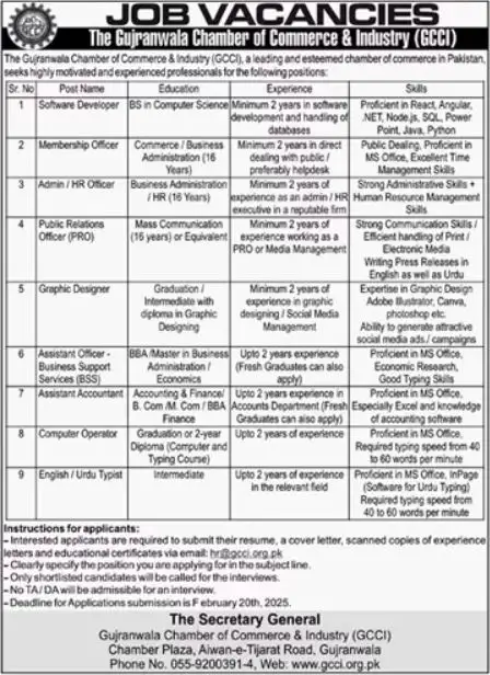 Gujranwala Chamber Of Commerce & Industry GCCI Jobs 2025 Advertisement