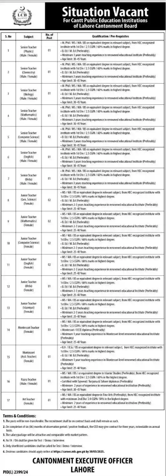 Lahore Cantonment Board LCB Jobs 2025 Advertisement