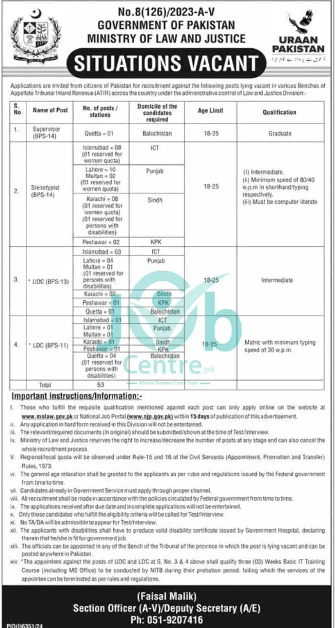 Ministry of Law and Justice Jobs 2025 Advertisement
