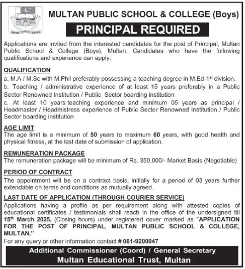 Multan Public School and College MPSC Jobs 2025 Advertisement