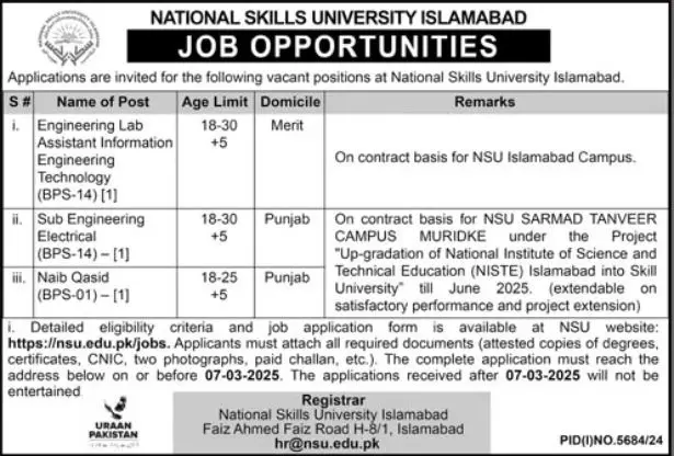 National Skills University NSU Jobs 2025 Advertisement