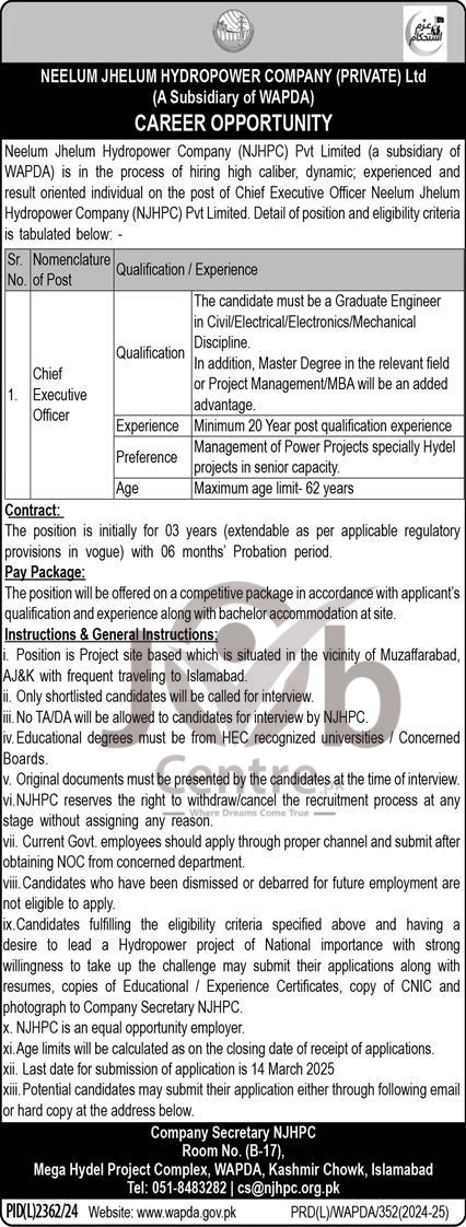 Neelum Jhelum Hydropower Company NJHPC Jobs 2025 Advertisement