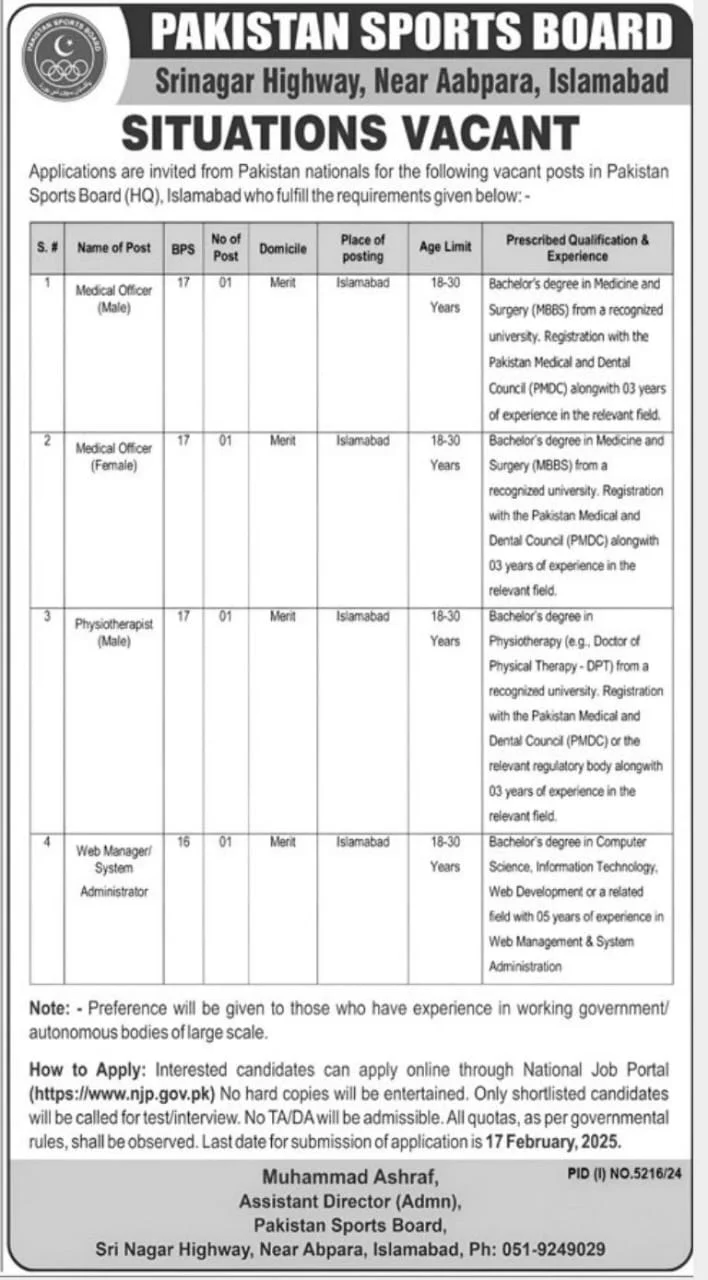 Pakistan Sports Board Jobs 2025