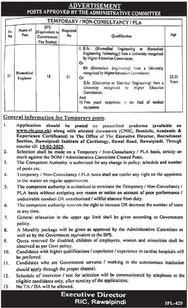 Rawalpindi Institute of Cardiology Jobs 2025 Advertisement