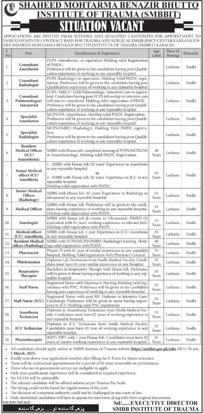 Shaheed Mohtarma Benazir Bhutto Institute of Trauma Jobs 2025 Advertisement