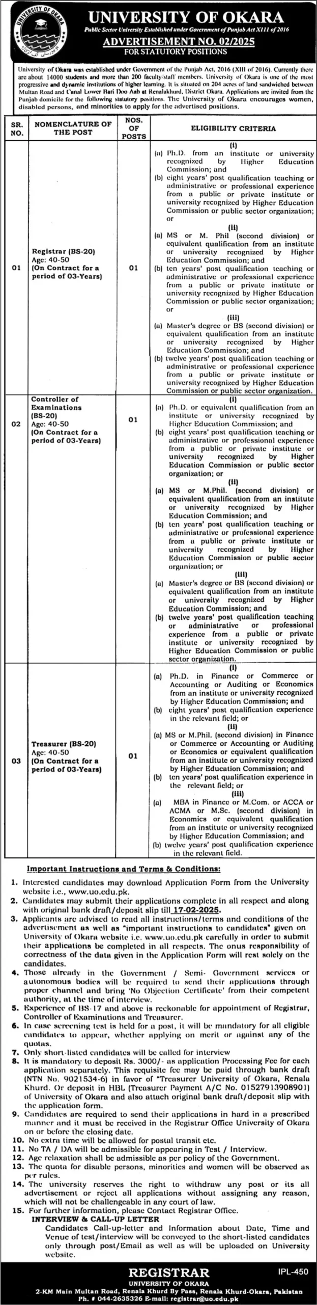 University Of Okara Jobs 2025 Advertisement