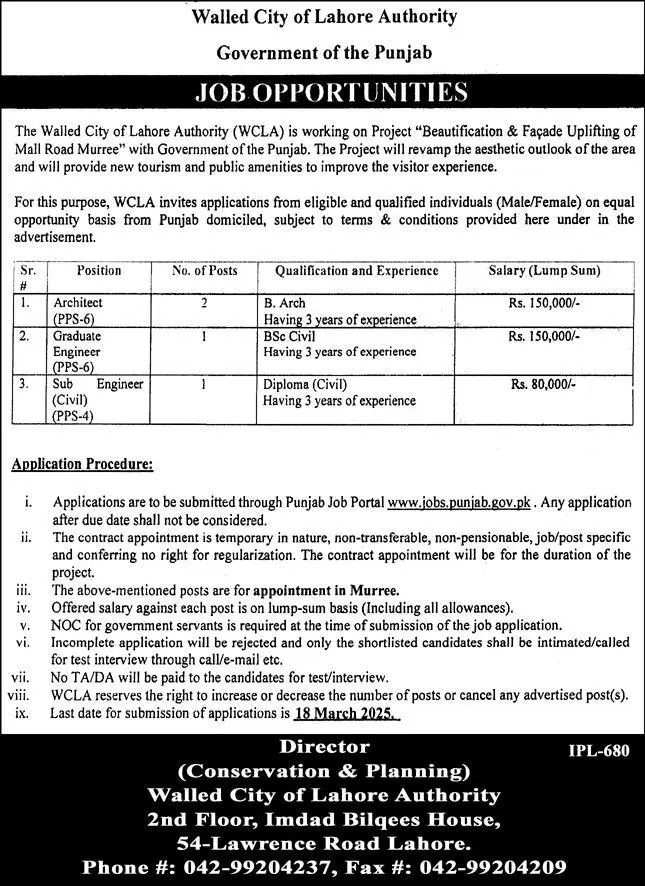 Walled City Of Lahore Authority WCLA Jobs 2025 Advertisement