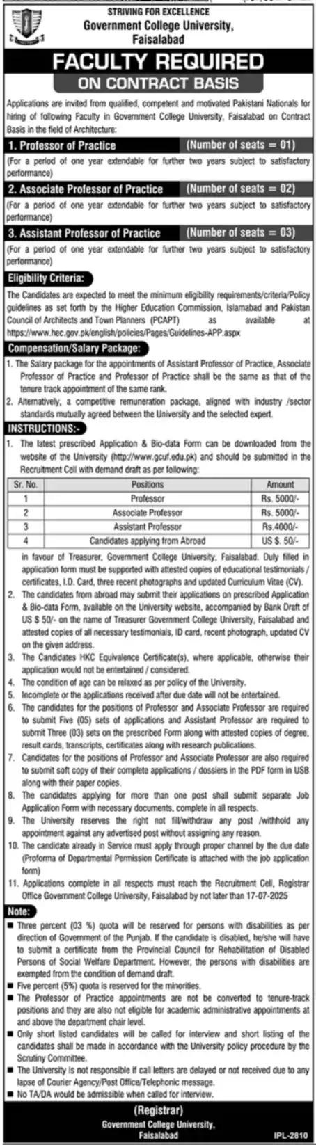 lastest Government College University Faisalabad GCUF Jobs 2025 Advertisement