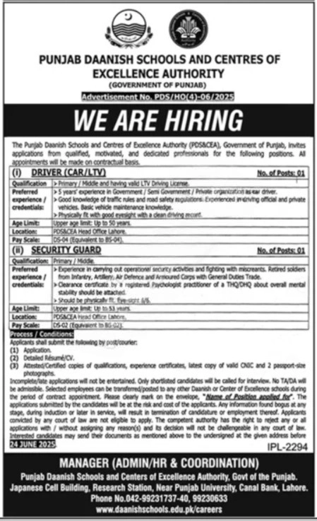 lastest Punjab Daanish Schools Lahore Jobs 2025 Advertisement