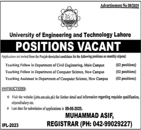 UET University Lahore Jobs 2025 Advertisement:
