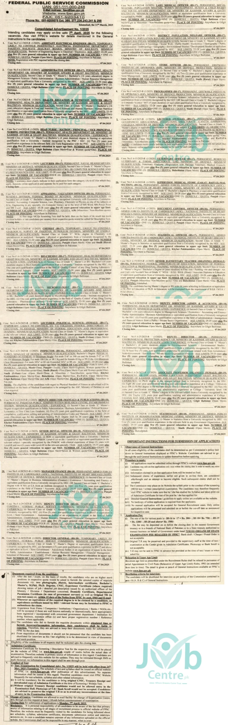 FPSC Consolidated Advertisement No. 01 Jobs 2025 Advertisement