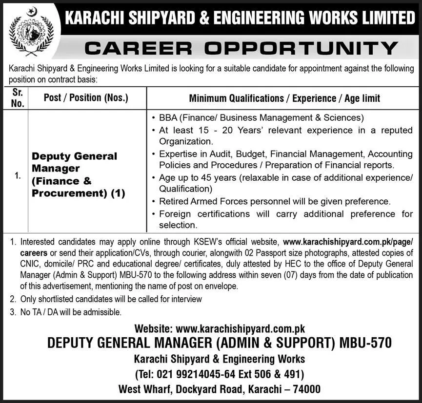Karachi Shipyard and Engineering Works Jobs 2025 Advertisement