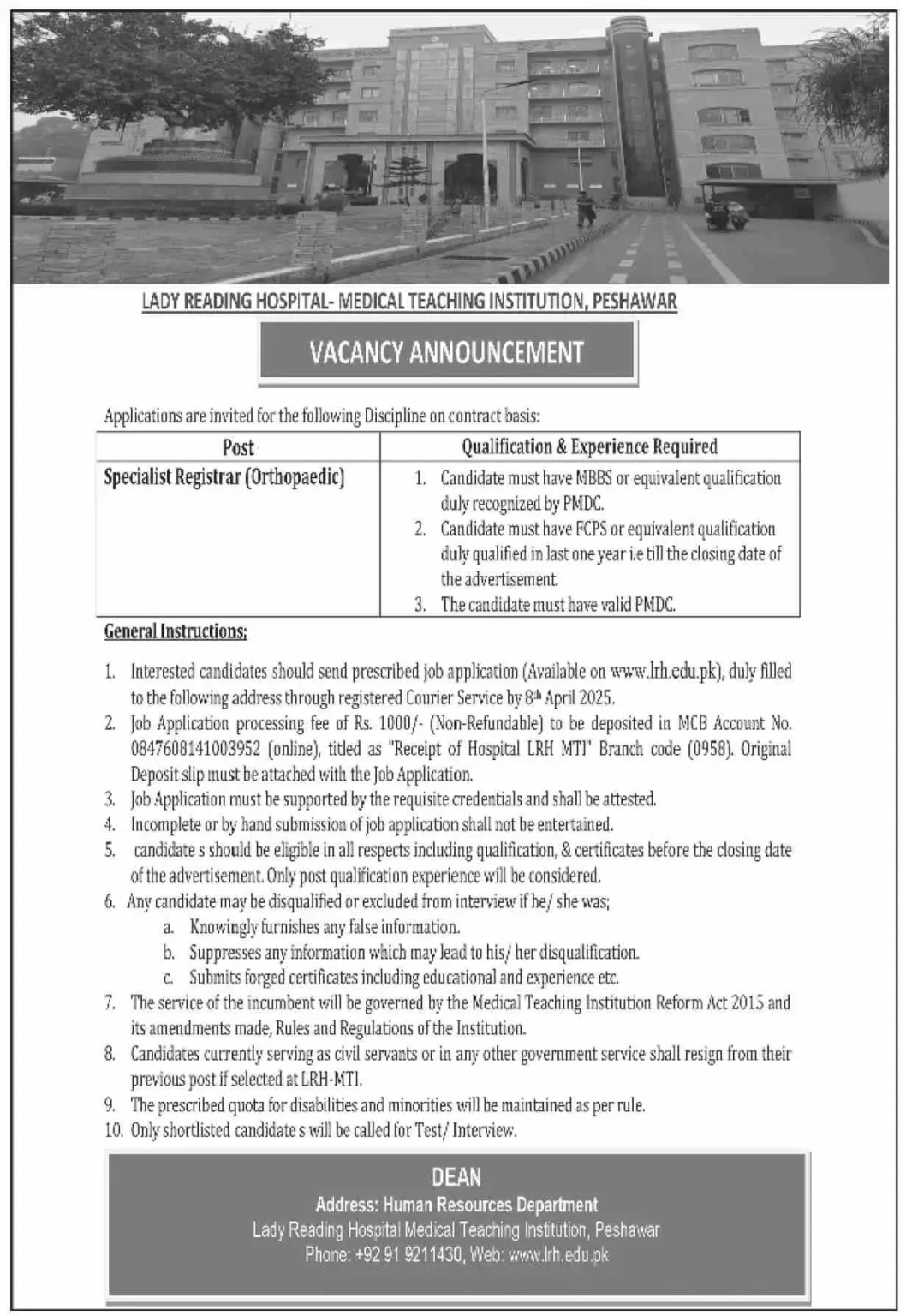 Lady Reading Hospital LHR Jobs 2025 Advertisement: