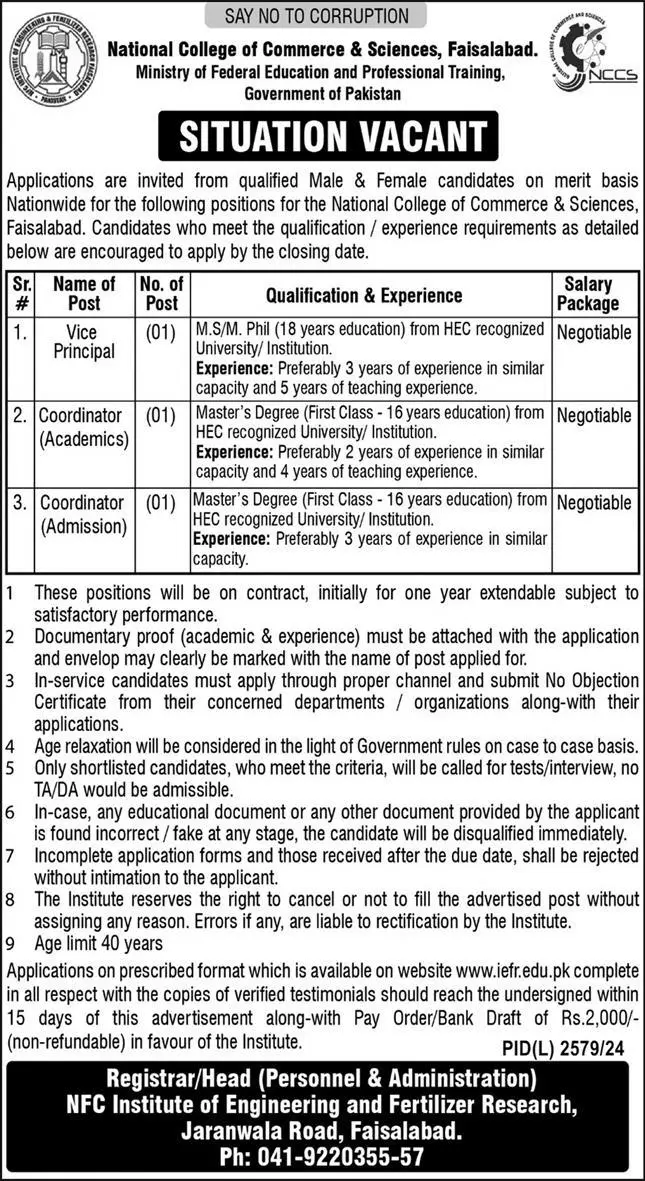 National College of Commerce & Sciences NCCS Jobs 2025 Advertisement
