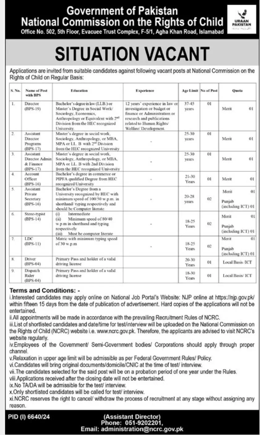 National Commission on the Rights of Child NCRC Jobs 2025 Advertisement
