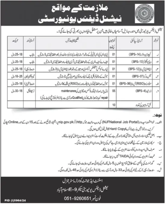 National Defence University NDU Jobs 2025 Advertisement