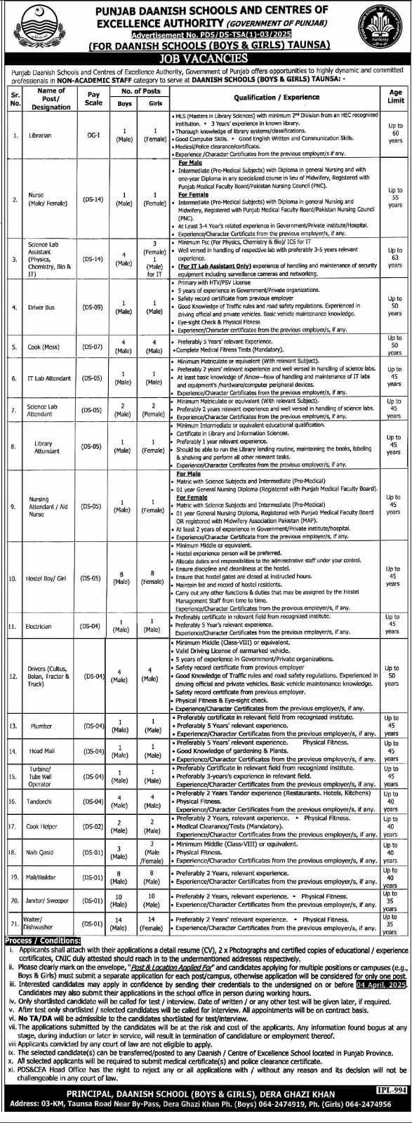 Punjab Daanish Schools & Centres of Excellence Authority Jobs 2025 Advertisement