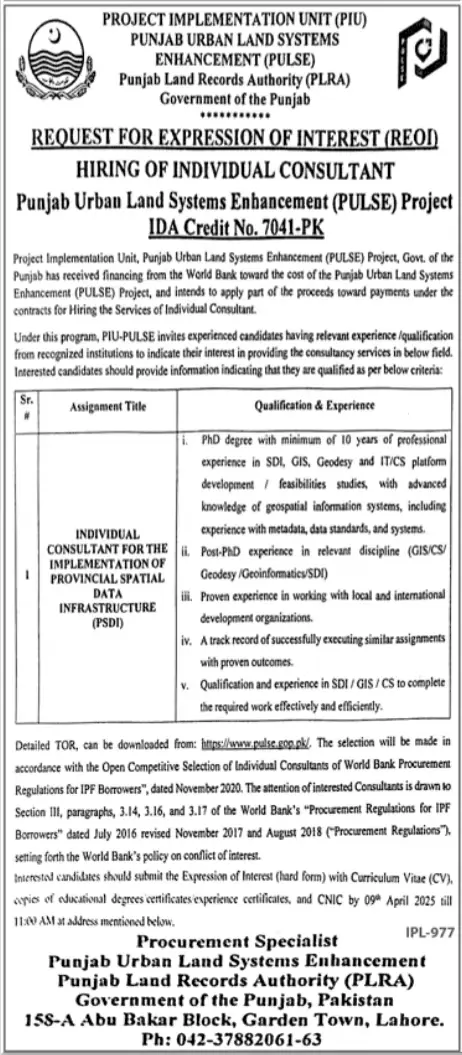 Punjab Urban Land Systems Enhancement PULSE Jobs 2025 Advertisement