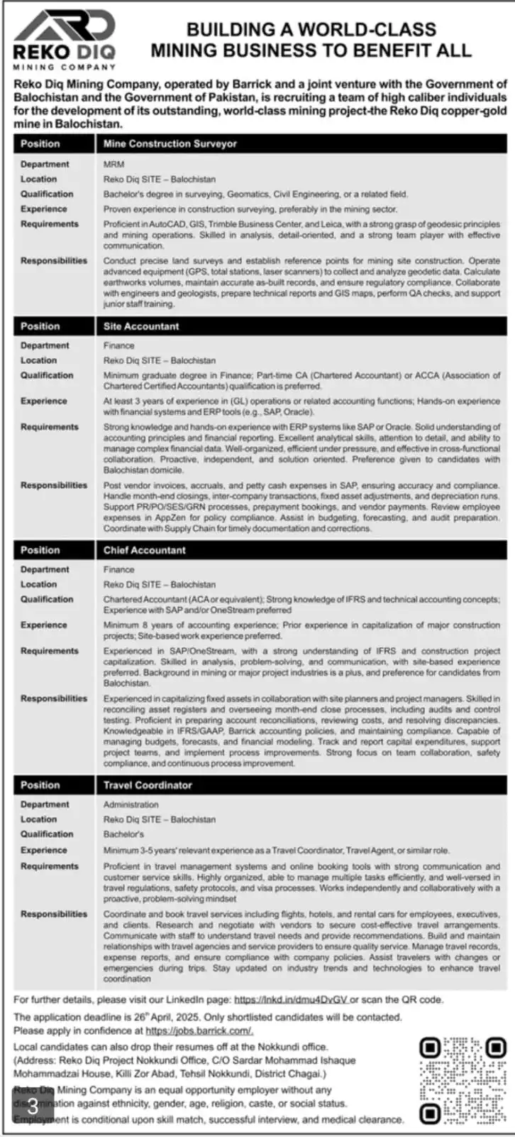 Reko Diq Mining Company RDMC Jobs 2025 Advertisement