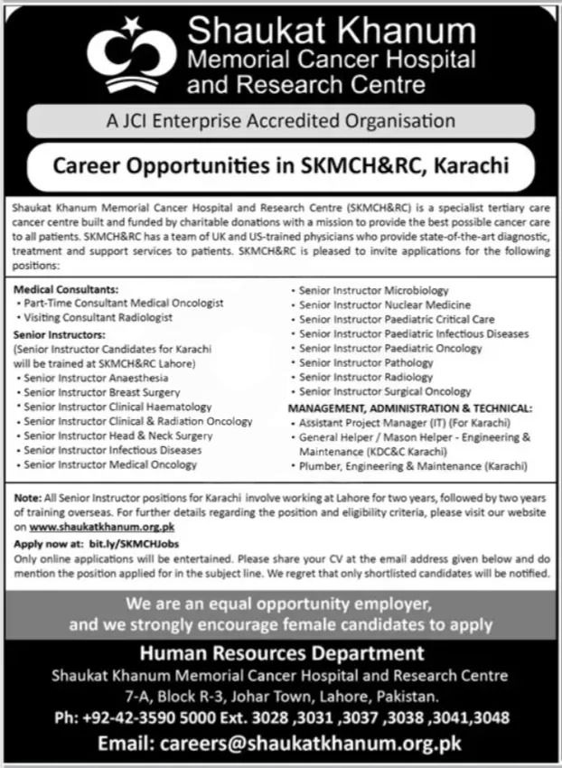 Shaukat Khanum Memorial Cancer Hospital Karachi Jobs 2025 Advertisement