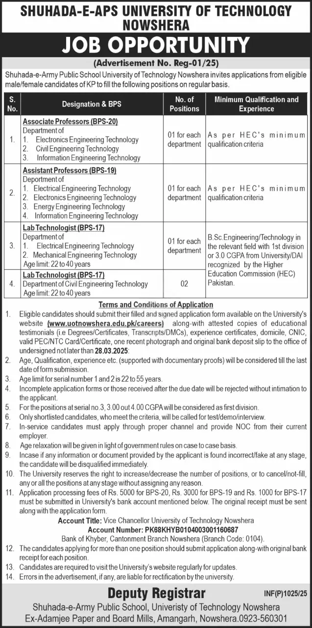 Shuhada E APS University Of Technology Jobs 2025 Advertisement