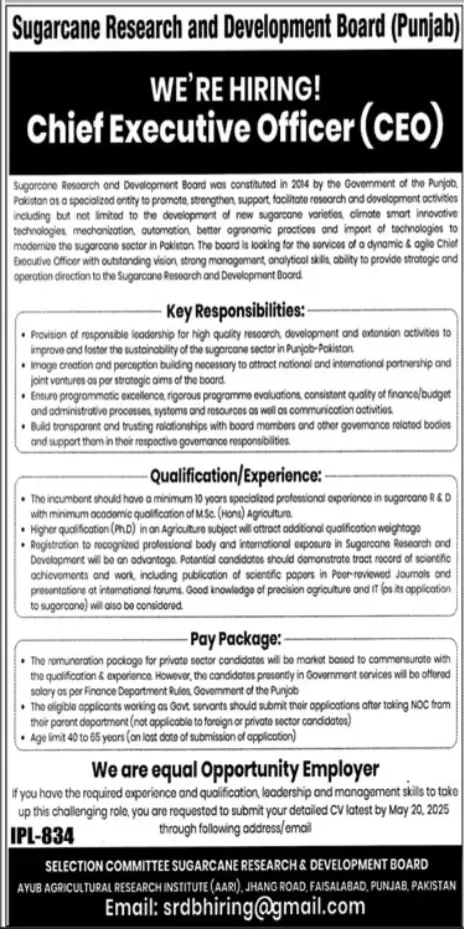 Sugarcane Research & Development Board Careers 2025 Advertisement