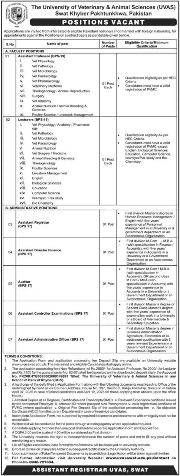 University of Veterinary and Animal Sciences UVAS Jobs 2025 Advertisement