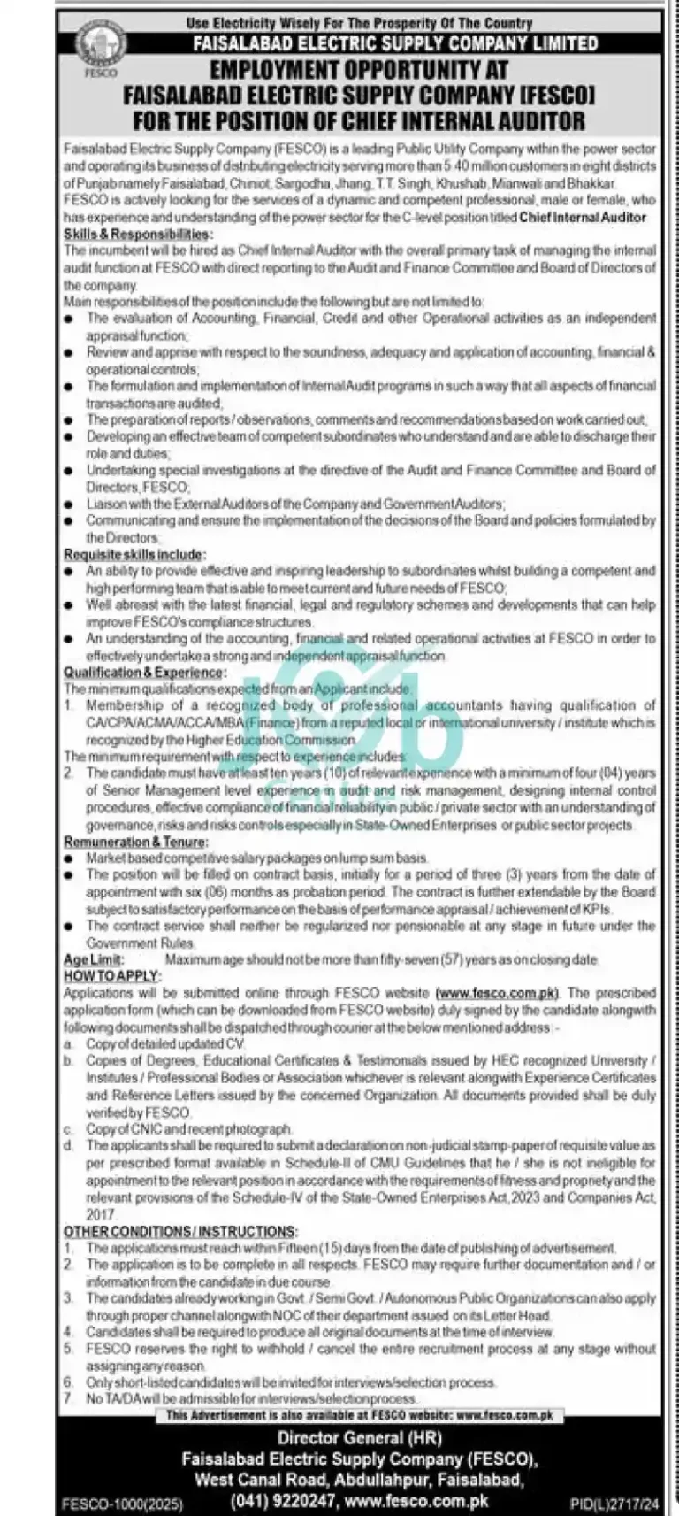 Faisalabad Electric Supply Company Limited FESCO Jobs 2025 Advertisement