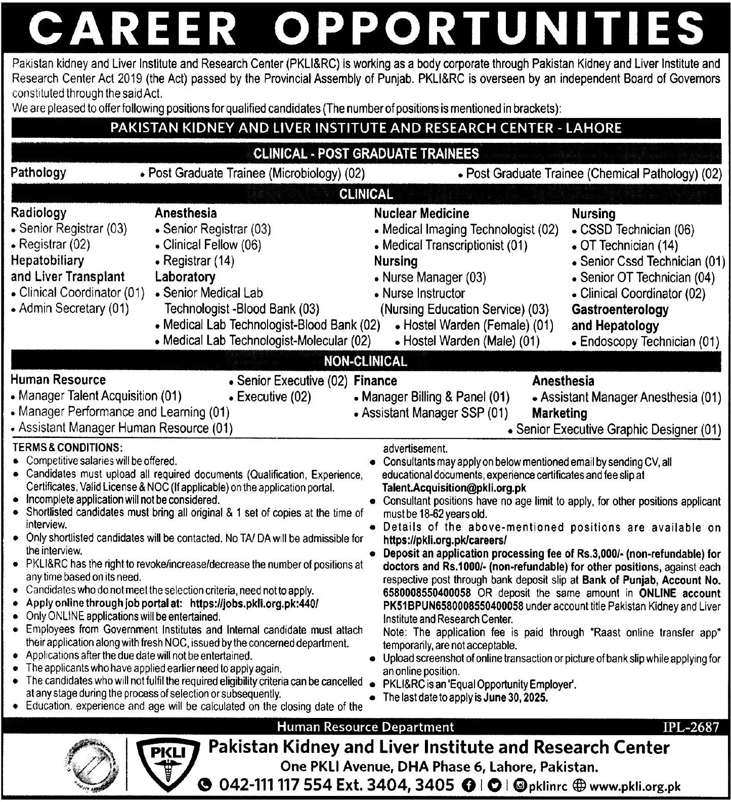 Lastest Pakistan Kidney and Liver Institute PKLI Careers 2025 Advertisement
