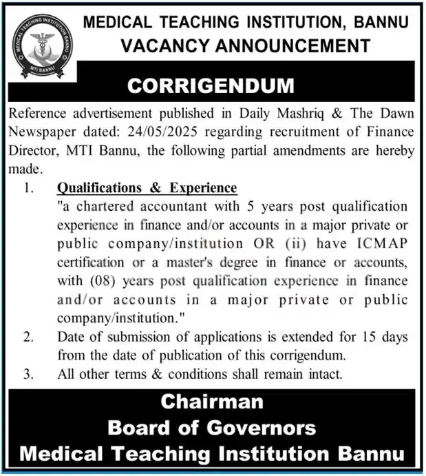 Medical Teaching Institution MTI Jobs 2025 Advertisement