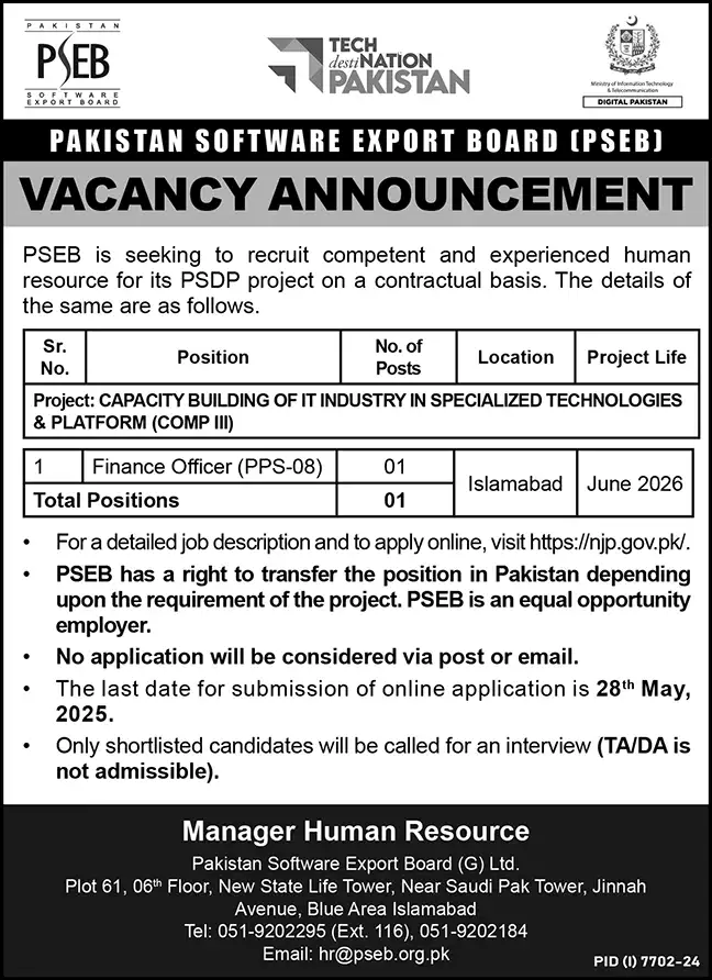 Pakistan Software Export Board PSEB Internship Program 2025 Advertisement