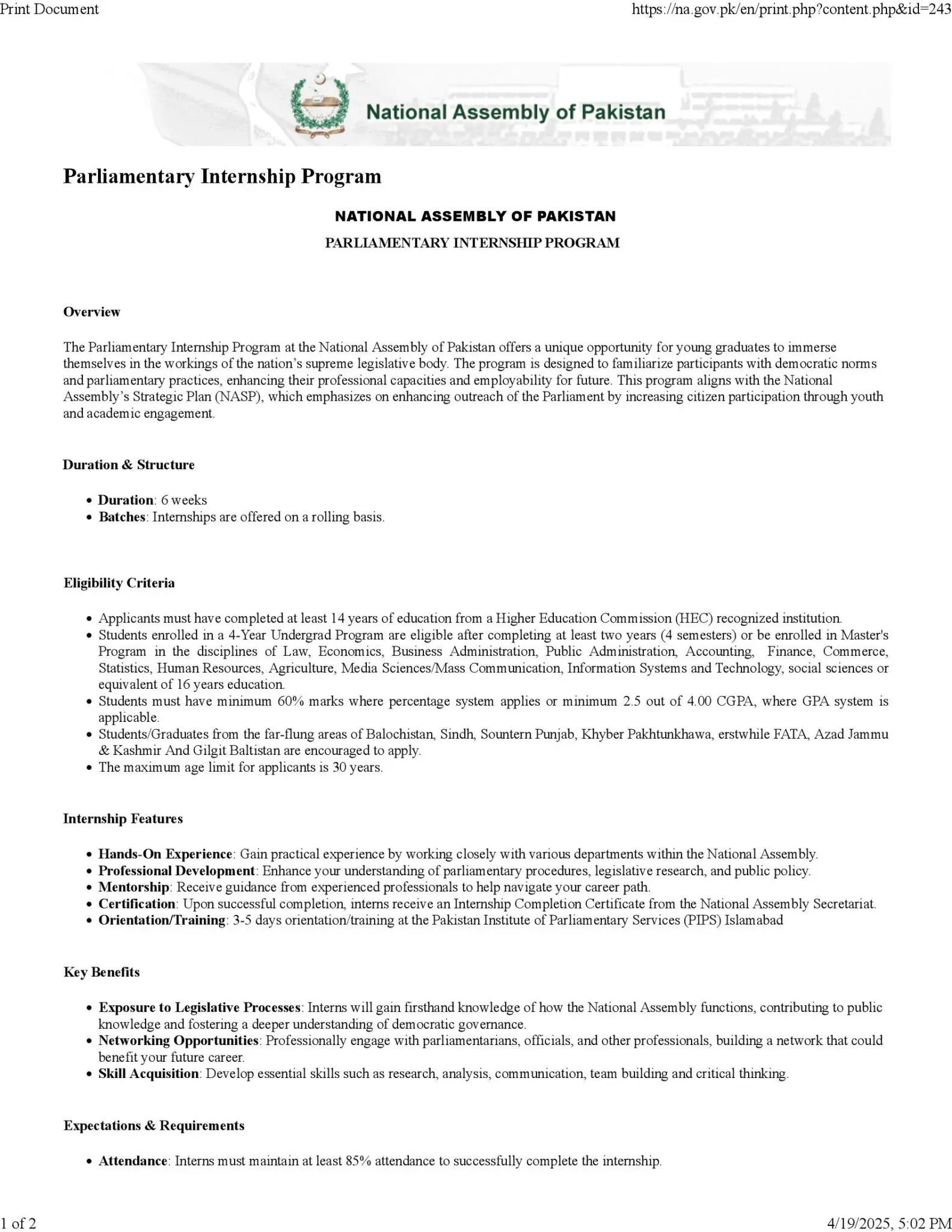 Parliamentary Internship Program 2025 Advertisement