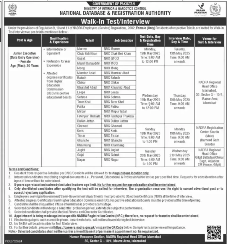 Walk-In Interviews for NADRA Jobs 2025 Advertisement