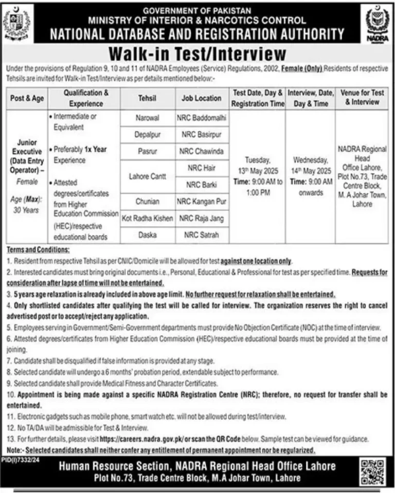 Walk-In Interviews for NADRA Jobs 2025 Advertisement