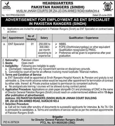 kpk Pakistan Rangers Sindh Jobs 2025 Advertisement