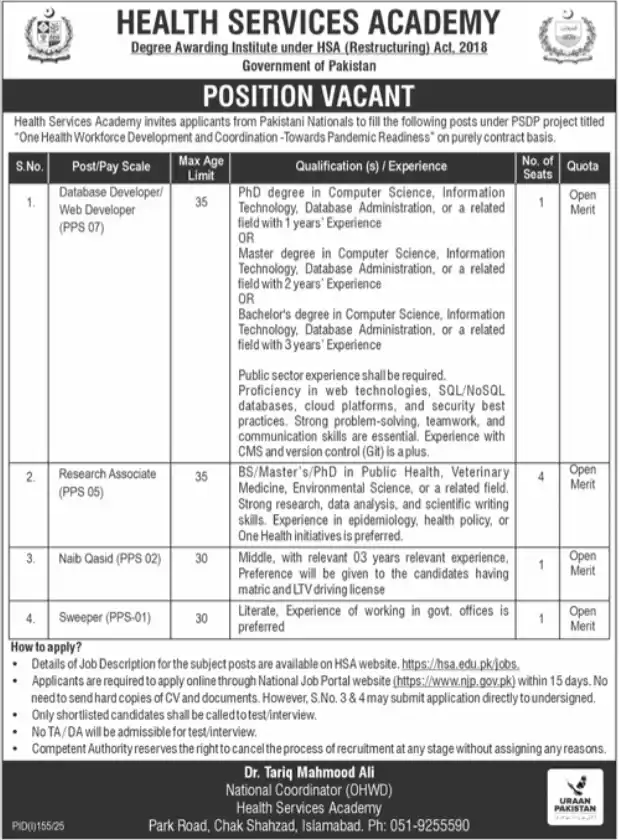 lastest Health Services Academy HSA Jobs 2025 Advertisement