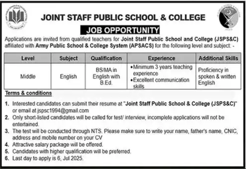 lastest Joint Staff Public School and College Jobs 2025 Advertisement