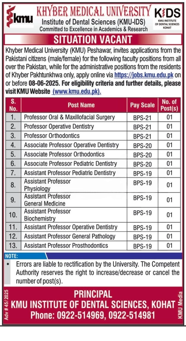 lastest Khyber Medical University KMU Jobs 2025 Advertisement