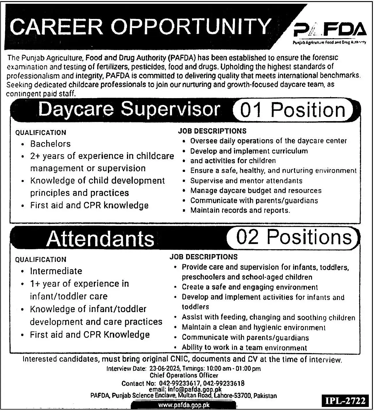 lastest Punjab Agriculture Food and Drug Authority PAFDA Jobs 2025 Advertisement