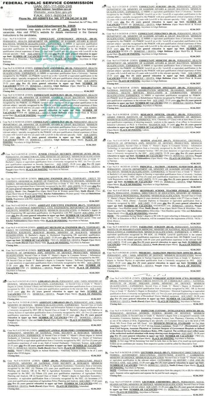 FPSC Consolidated Advertisement No. 02 Jobs 2025 Advertisement