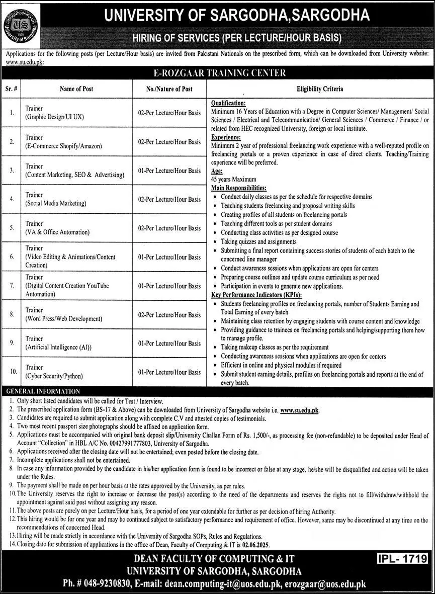 UOS Sargodha Jobs 2025 Advertisement: