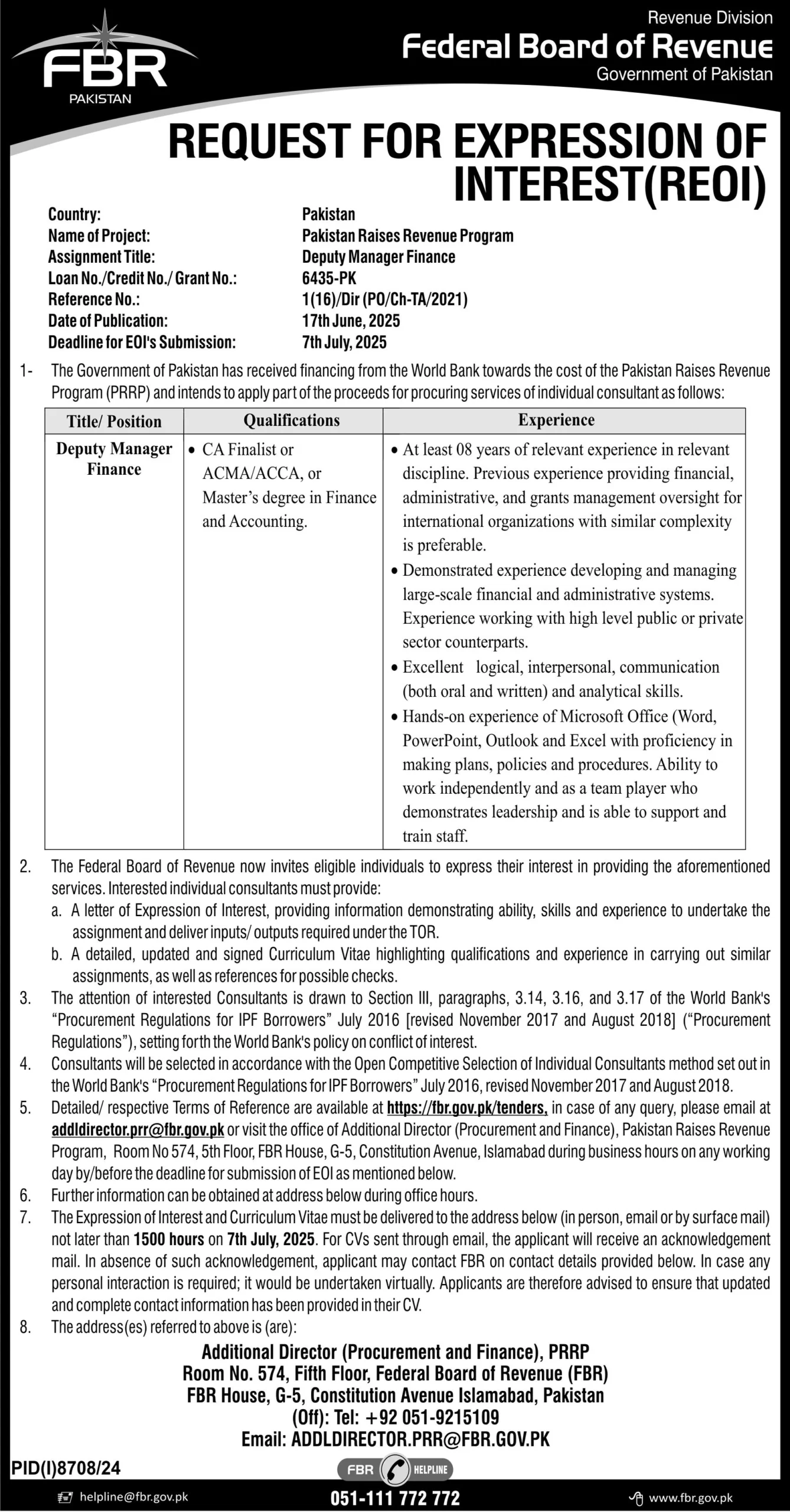 lastest Federal Board of Revenue Jobs 2025 Advertisement