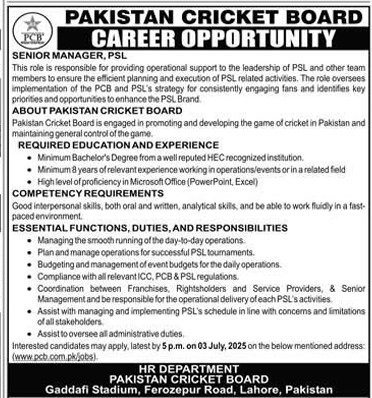 lastest Pakistan Cricket Board Lahore Jobs 2025 Advertisement