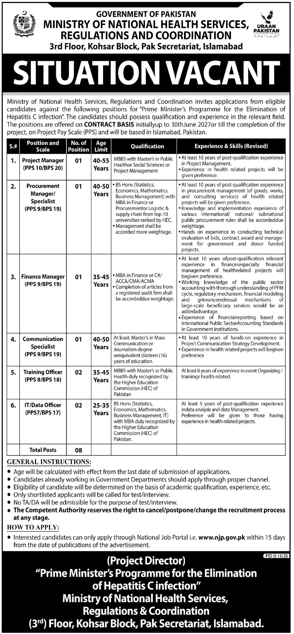 Islamabad Ministry of National Health Services Islamabad Jobs 2025 Advertisement