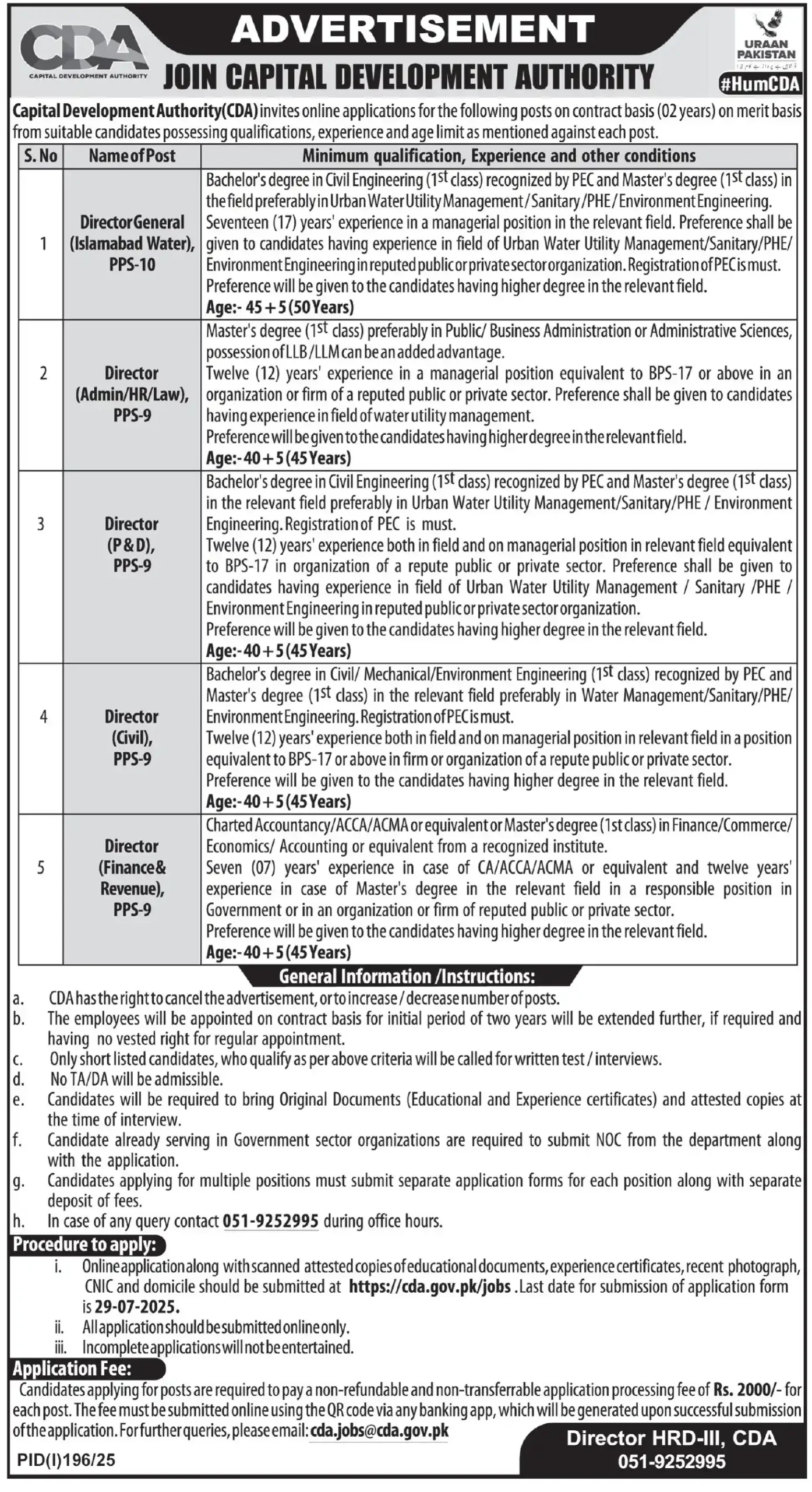 islamabad Capital Development Authority CDA Jobs 2025 Advertisement: