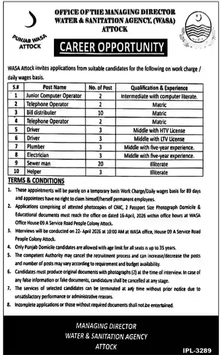 Water And Sanitation Agency WASA Jobs 2026